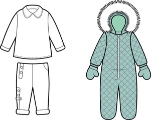 Children's clothing, babywear fashion sketch, front back view, technical drawing, apparel design, vector illustration, garment CAD, kidswear
