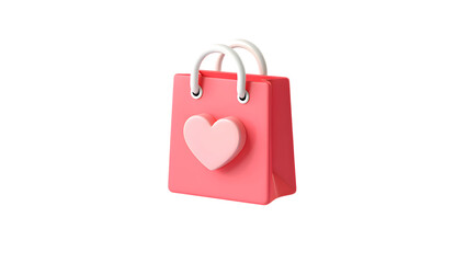 A delightful 3d illustration of a pink shopping bag with a heart motif and white handles, perfect for conveying themes of love, gifts, and retail, isolated on transparent background
