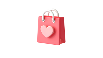 A delightful 3d illustration of a pink shopping bag with a heart motif and white handles, perfect for conveying themes of love, gifts, and retail, isolated on transparent background