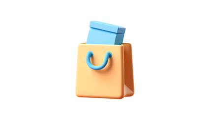 A 3d illustration of a shopping bag with a blue gift box inside, isolated on transparent background