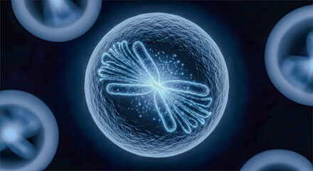 Mitosis process of cell division, an animation of chromosome replication and separation. Microscopic view of genetic material for biology study.