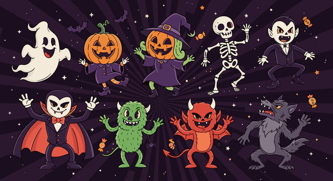 Retro groovy Halloween characters in a funky night party scene, featuring a comic spooky ghost, smiling pumpkin, witch, skeleton, vampire, green monster, devil, and werewolf, all dancing and