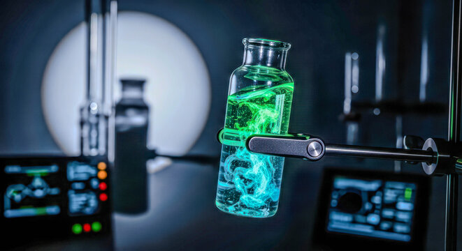 Glass laboratory bottle with green and blue liquid mixing, held by a clamp. Scientific experiment in health research and medicine development.