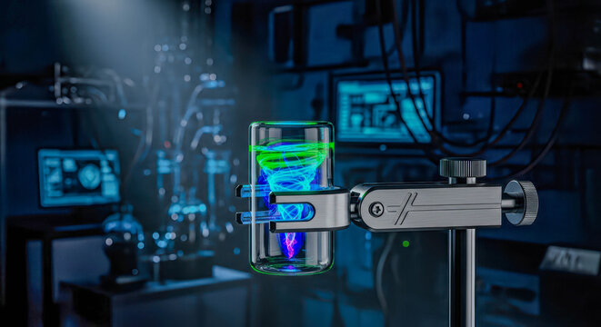 Abstract vortex in laboratory glassware mounted on a stand. Concept of scientific research, experimental chemistry, and medical innovation.