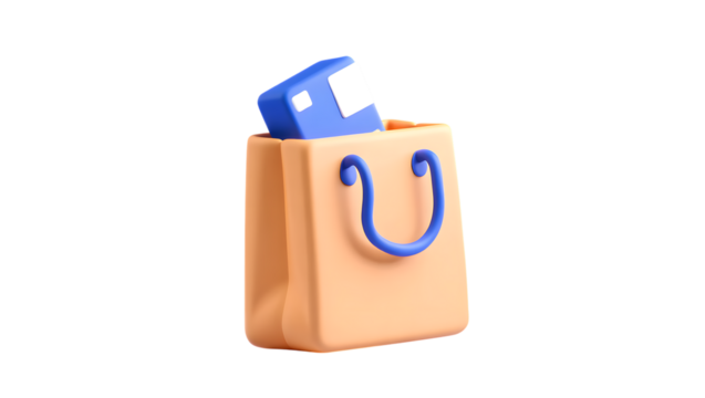 A 3d render of a shopping bag with a blue item inside, isolated on transparent background