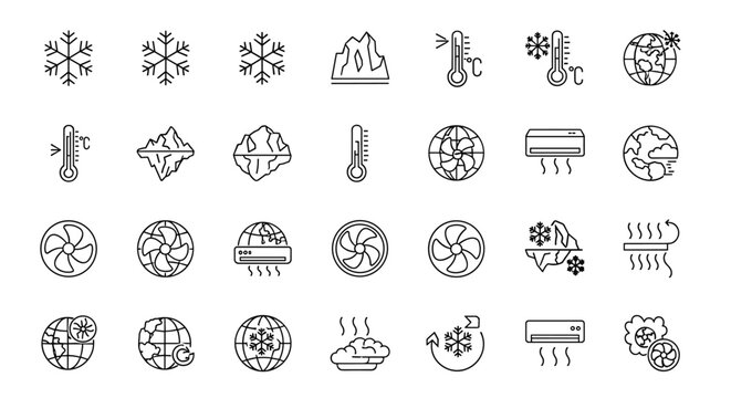 Global Cooling Line Icon Collection: A comprehensive set of outline signs and symbols representing global cooling, climate change, and temperature regulation, perfect for graphic and web design