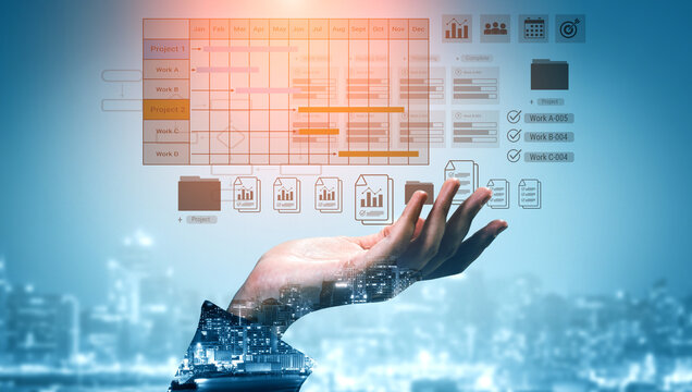 Digital visualization of multiple project timelines with progress tracking, documents, and team collaboration symbols Parse