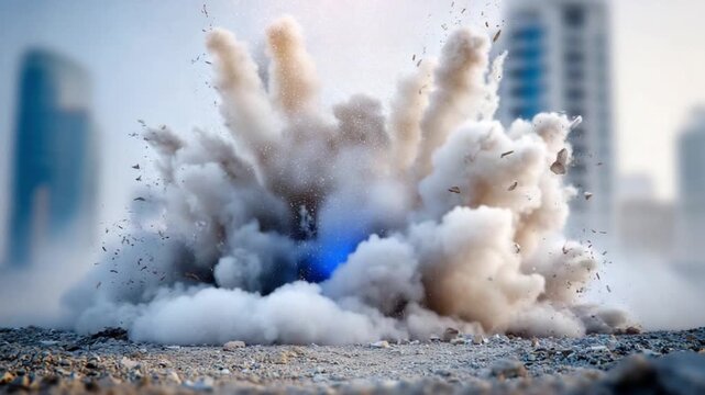 Urban Explosion: A powerful and dynamic image of an explosive event in an urban environment. Dust and debris rise dramatically.