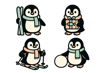 Cute cartoon penguins wearing scarves skiing and holding a gift box during winter activities