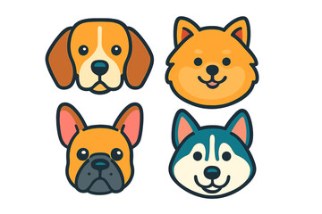 Fototapeta premium Cute cartoon dog faces set featuring Beagle Shiba Inu French Bulldog and Husky breeds