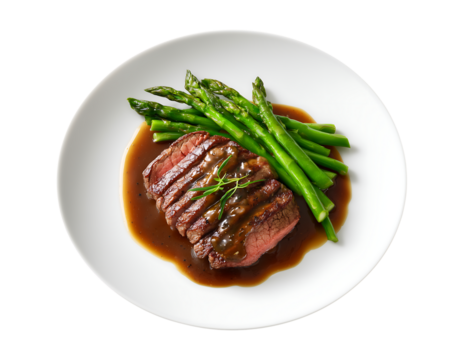 Elegant Filet Mignon plate with Asparagus and Brown Sauce isolated on transparent background