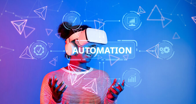 A woman wearing a virtual reality headset explores automation concepts, showcasing the integration of technology into business management and AI applications. XDMCP