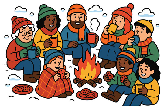 Diverse group of people gathered around a campfire enjoying hot drinks and snacks
