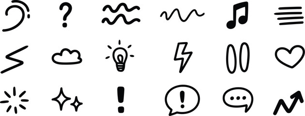 Doodle Icon Collection HandDrawn Symbols of Question Mark, Lightbulb, Music Note, Heart, and Arrow