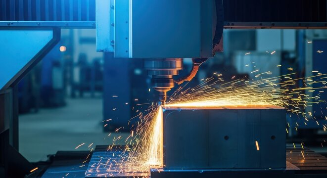Sparks fly as a cnc milling machine precisely cuts metal, showcasing the power and precision of modern manufacturing technology
