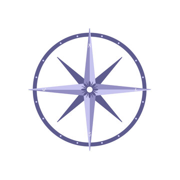 Purple compass rose with lettered cardinal directions illustration, detailed symbol of navigation and geographical orientation for voyagers