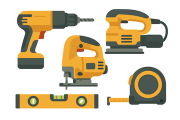 Essential equipment set featuring cordless drill, jigsaw, sander, spirit level, and tape measure