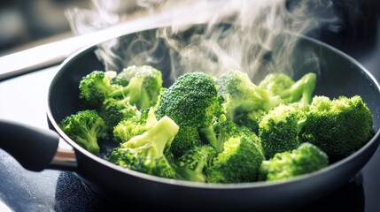Steaming fresh broccoli cooking in pan healthy vegetable meal preparation in kitchen