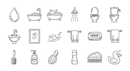 Collection of clean line art icons representing bathroom and shower essentials, including a water drop, bathtub with bubbles, shower head, sink, mirror, soap bar, soap dispenser, towels, bath brush