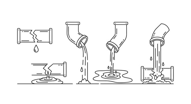 Set of minimalistic linear icons and illustrations depicting broken pipes and water leaks, symbolizing plumbing issues, damage, and fluid loss. This collection includes various scenarios of pipe