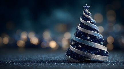 Mood of festive blue and silver decor featuring Christmas tree shape, ribbon and glitter on a deep blue backdrop, capturing Christmas vibe and New Year celebration and warm greeting for the season