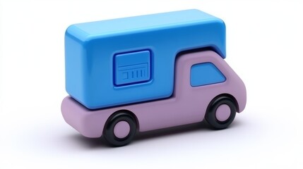 Three Dimensional Rendering of Pink Cartoon Delivery Truck with Blue Box on White