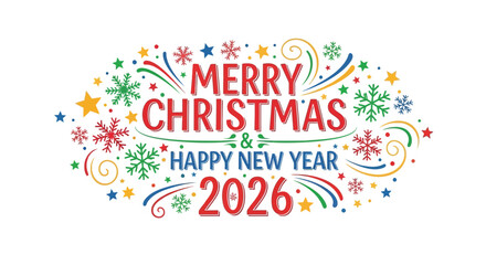 Fototapeta premium Festive merry christmas and happy new year 2026 greeting with colorful snowflakes stars and fireworks on white background