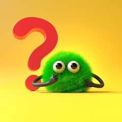 Fluffy, cute monster beside a question mark, symbolizing inquiry or curiosity. 3D rendering, conceptual image. Isolated on white background.