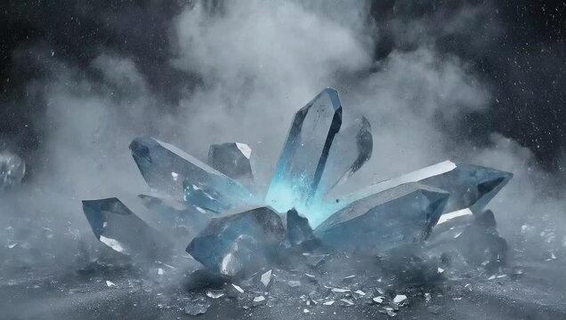 Ice breaking slow motion stock footage crystal shards explosion on black background effect for video