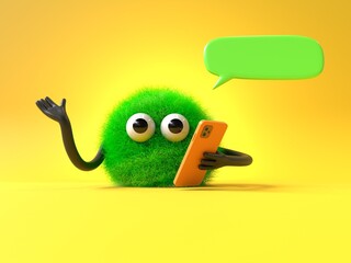 Fluffy, cute monster with phone and speech bubble, symbolizes customer service. 3D rendering, conceptual image. Isolated on white background.