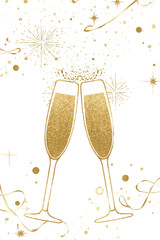 Golden vector champagne glasses with glitter and ribbons. Ideal for elegant holiday cards, romantic events, or luxury branding.