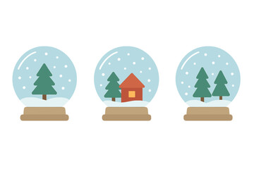 Collection of three festive snow globes showing winter scenes and evergreen trees