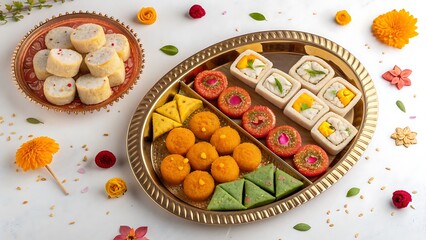 An elegant display of indian sweets, featuring assorted ladoos, barfi, and other delightful mithai arranged in a golden platter, presented on a clean white surface