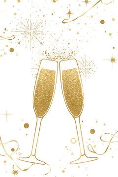 Golden vector champagne glasses with glitter and ribbons. Ideal for elegant holiday cards, romantic events, or luxury branding.
