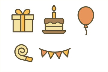 Set of celebration icons including birthday cake, gift box, balloon, party horn, and bunting banner