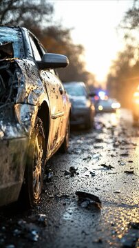 Wrecked automobile sits on wet asphalt after a serious collision. Emergency vehicles with flashing lights blur in background. Road debris catches warm sunset glow.