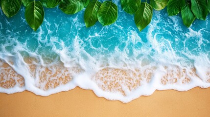 Tropical beach background: ocean wave, golden sand, and lush green leaves frame.