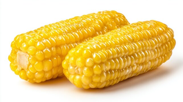 Two glossy yellow sweet corn cobs isolated on a pure white background