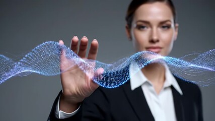 Businesswoman Interacting with Abstract Blue Data Stream Hologram in a Corporate Setting with Black Suit Against Neutral Gray Backdrop and Soft Lighting - Powered by Adobe