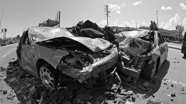 Severe automobile wreckage on a wide urban road after a devastating traffic collision. Crumpled metal and shattered glass lie scattered across the asphalt. 