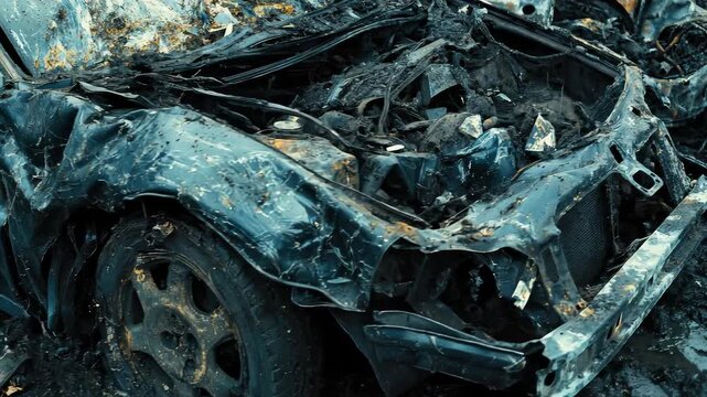 Dark burnt automobile wreckage, severely damaged car chassis, twisted metal structure, charred engine compartment debris, ruined vehicle remnants, industrial destruction scene.