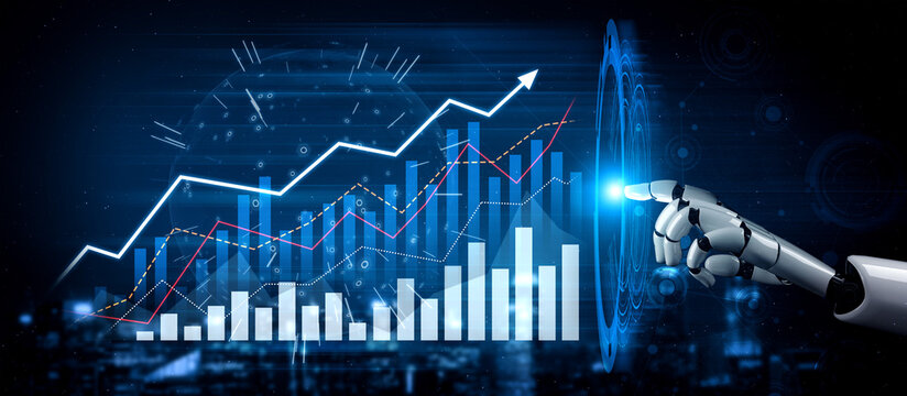 A futuristic representation of a robotic hand interacting with financial data visualizations, showcasing growth trends and analytical insights in technology. Scalp - Powered by Adobe