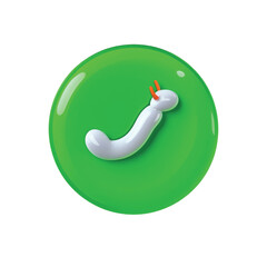 A white cartoon slug or worm-like creature with orange antennae on a glossy green circular background.