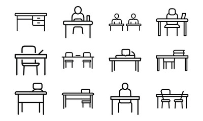 Education and School Line Icons Set – Stars, Tree, Eraser, Exam Paper, Classroom, Uniform, Microphone, Piano, Glasses, Rocket, Solar System, and Study Desk Outline Symbols