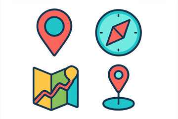 Navigation and location icons set featuring map markers, compass, and folded map symbols