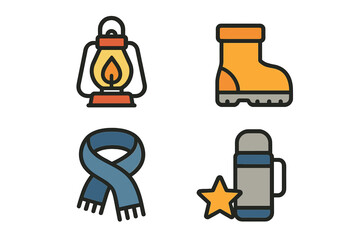 Essential outdoor equipment including lantern, hiking boot, warm scarf, and thermos flask