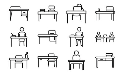 Education and School Line Icons Set – Stars, Tree, Eraser, Exam Paper, Classroom, Uniform, Microphone, Piano, Glasses, Rocket, Solar System, and Study Desk Outline Symbols