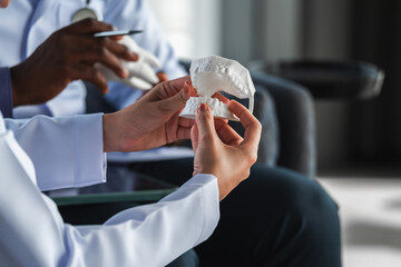 Close-up of dentists discussing a dental model for oral healthcare education in a modern clinic, showing professional teamwork, dental consultation, and medical training with precision.
