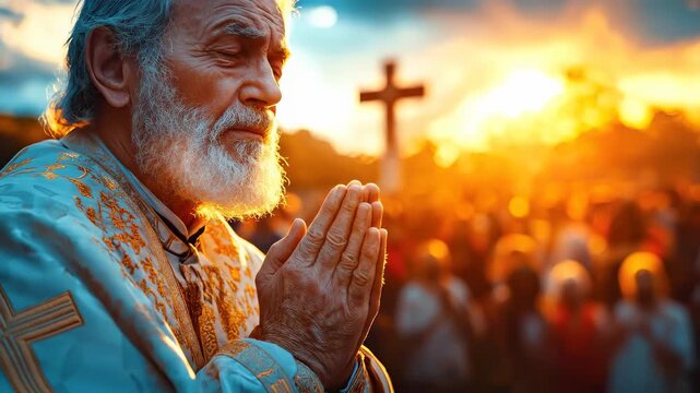 Elderly man reverently praying, eyes closed, hands clasped, warm golden light illuminates a sacred cross and a devoted religious outdoor gathering.