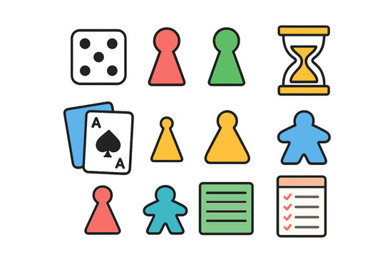 Colorful collection of classic board game pieces including dice pawns hourglass and playing cards